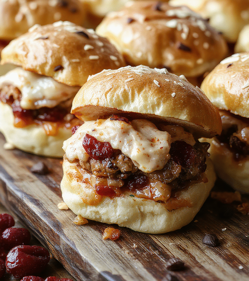 A close-up of turkey cranberry sliders arranged on a rustic wooden platter. The sliders are topped with fresh cranberry sauce, melted cheese, and arugula, showcasing vibrant red, creamy white, and green hues. The background features a softly blurred holiday-themed setting with warm lighting, creating a festive and inviting atmosphere.