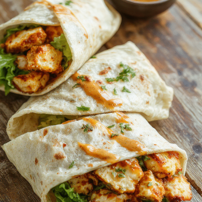 A vibrant plate of Thai Peanut Chicken Wraps featuring golden-brown grilled chicken slices wrapped in soft tortillas, topped with colorful shredded vegetables and a drizzle of creamy peanut sauce, styled on a rustic wooden surface with fresh herbs and lime wedges, all captured in natural daylight highlighting the textures and flavors.