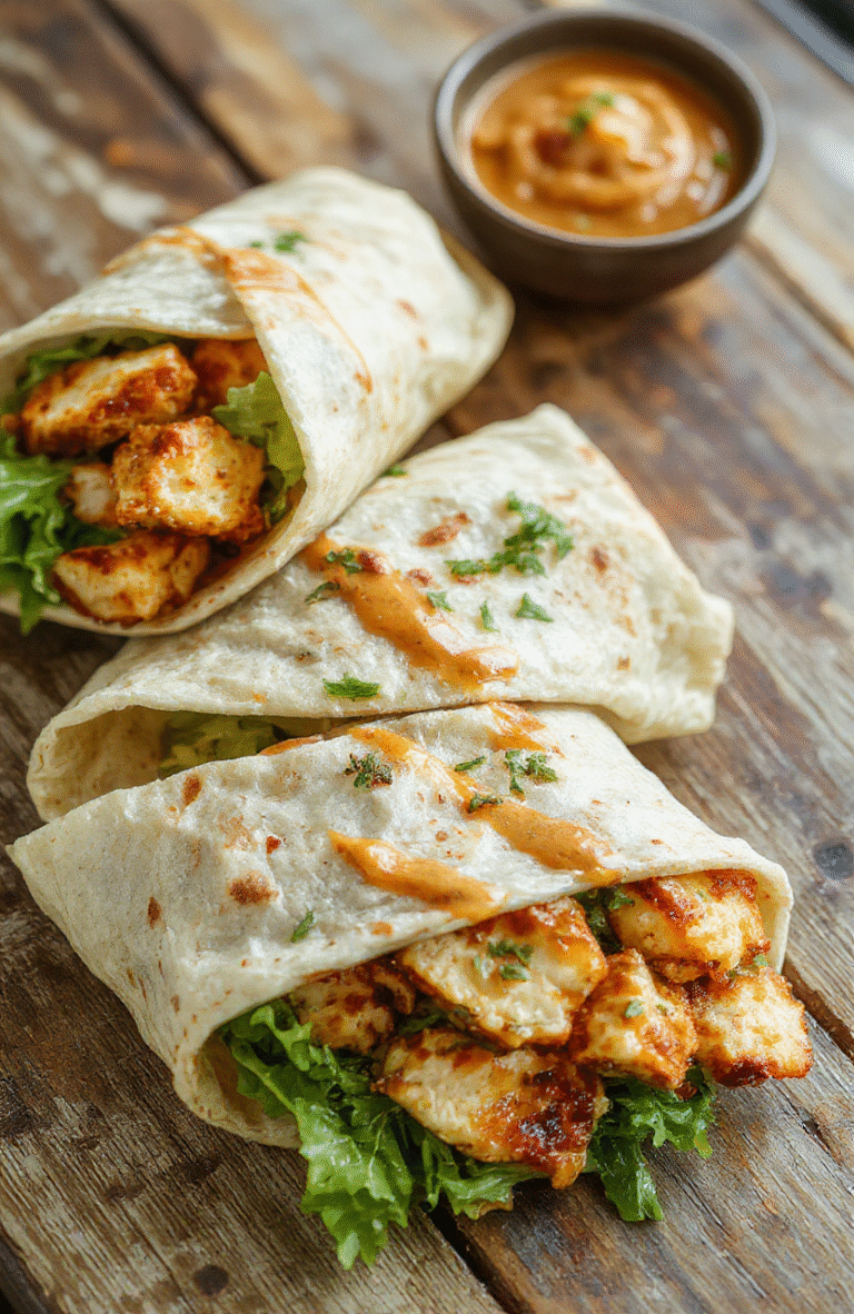 A vibrant plate of Thai Peanut Chicken Wraps featuring golden-brown grilled chicken slices wrapped in soft tortillas, topped with colorful shredded vegetables and a drizzle of creamy peanut sauce, styled on a rustic wooden surface with fresh herbs and lime wedges, all captured in natural daylight highlighting the textures and flavors.