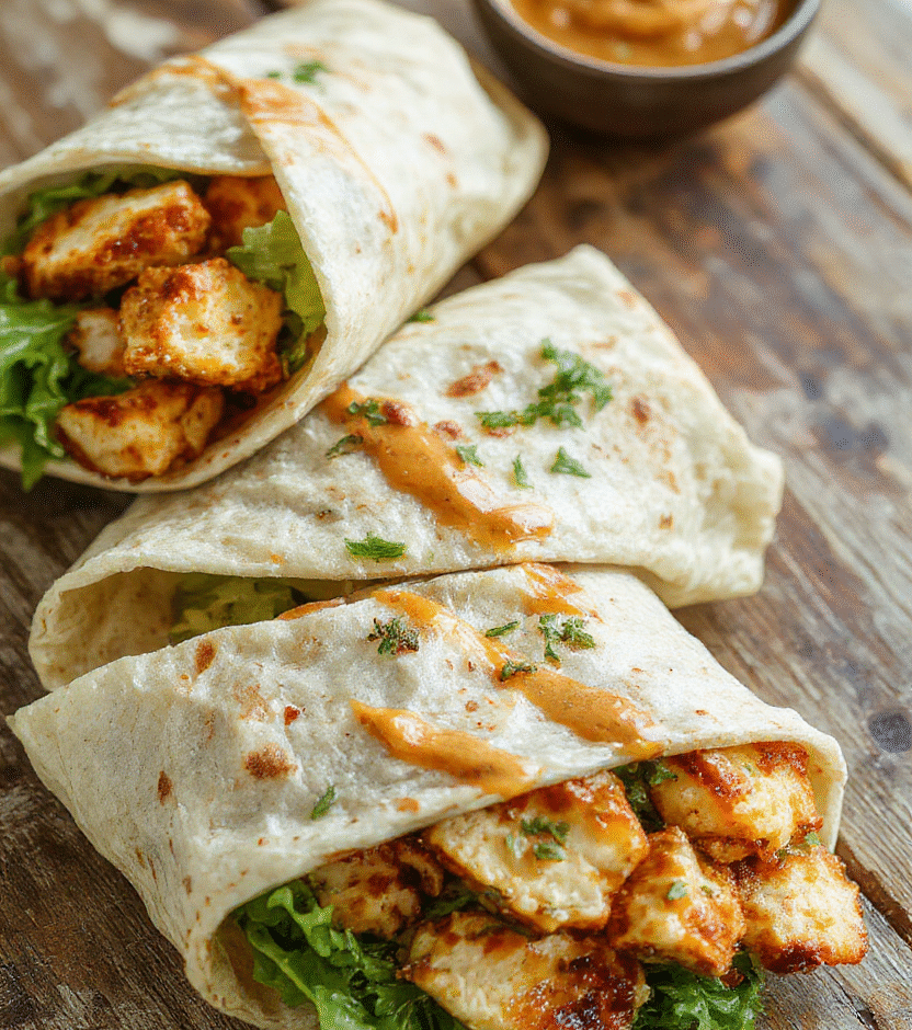 A vibrant plate of Thai Peanut Chicken Wraps featuring golden-brown grilled chicken slices wrapped in soft tortillas, topped with colorful shredded vegetables and a drizzle of creamy peanut sauce, styled on a rustic wooden surface with fresh herbs and lime wedges, all captured in natural daylight highlighting the textures and flavors.