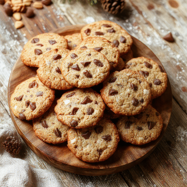 A colorful assortment of holiday cookies arranged on a festive wooden platter, featuring decorated sugar cookies, chocolate-covered treats, and gingerbread men, with sprinkles and icing creating a vibrant and inviting scene, styled with holiday-themed decorations and warm lighting.