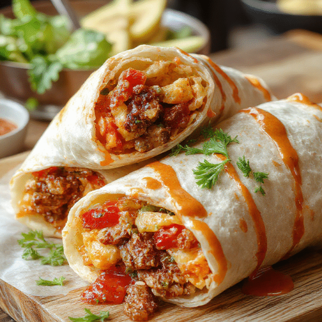 Colorful BLT wraps on a white plate, layered with crispy bacon, fresh green lettuce, ripe tomato slices, all wrapped in a soft tortilla, arranged neatly with a background of a rustic wooden table and natural daylight highlighting textures.
