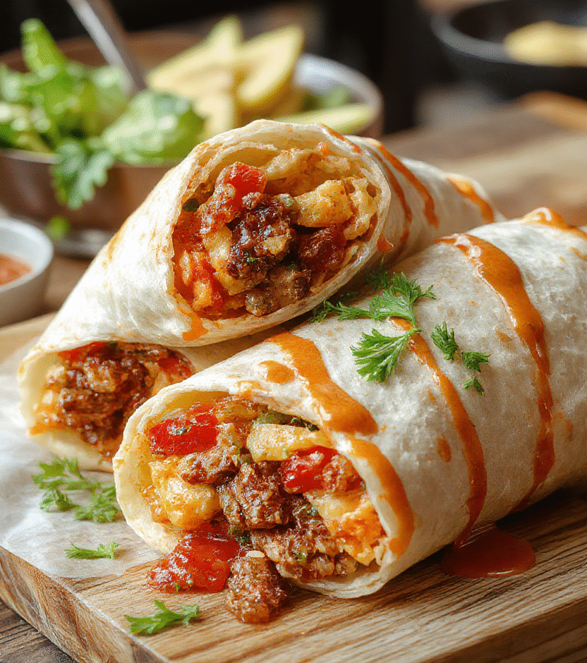 Colorful BLT wraps on a white plate, layered with crispy bacon, fresh green lettuce, ripe tomato slices, all wrapped in a soft tortilla, arranged neatly with a background of a rustic wooden table and natural daylight highlighting textures.