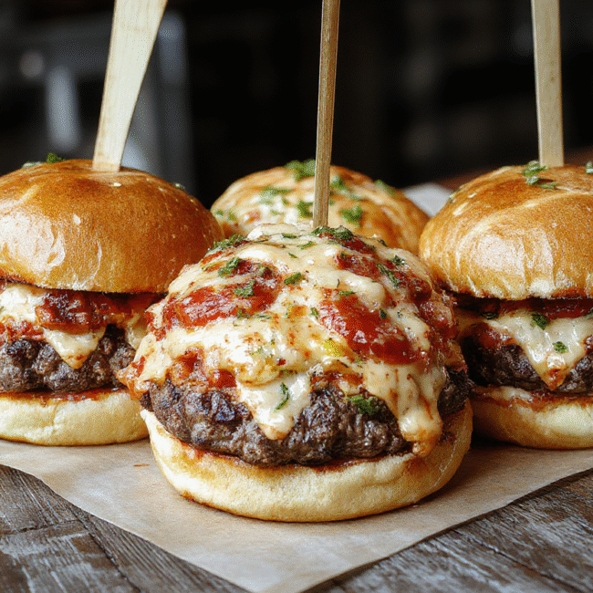 A vibrant plate featuring crispy cheeseburgers topped with melted cheese, pepperoni slices, fresh basil leaves, and gooey pizza sauce, arranged neatly on a rustic wooden platter with a golden-brown bun, colorful toppings, and melted cheese draping over the sides, styled with a casual, inviting vibe