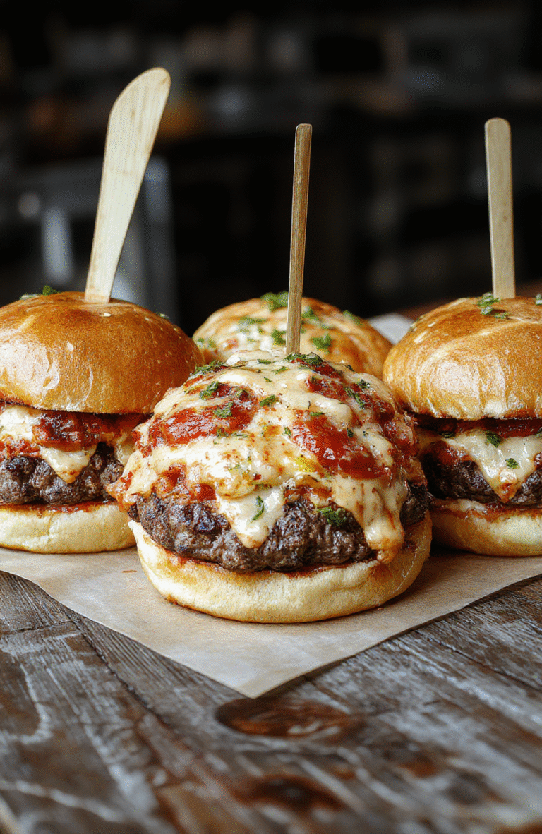 A vibrant plate featuring crispy cheeseburgers topped with melted cheese, pepperoni slices, fresh basil leaves, and gooey pizza sauce, arranged neatly on a rustic wooden platter with a golden-brown bun, colorful toppings, and melted cheese draping over the sides, styled with a casual, inviting vibe