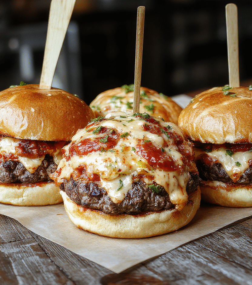 A vibrant plate featuring crispy cheeseburgers topped with melted cheese, pepperoni slices, fresh basil leaves, and gooey pizza sauce, arranged neatly on a rustic wooden platter with a golden-brown bun, colorful toppings, and melted cheese draping over the sides, styled with a casual, inviting vibe