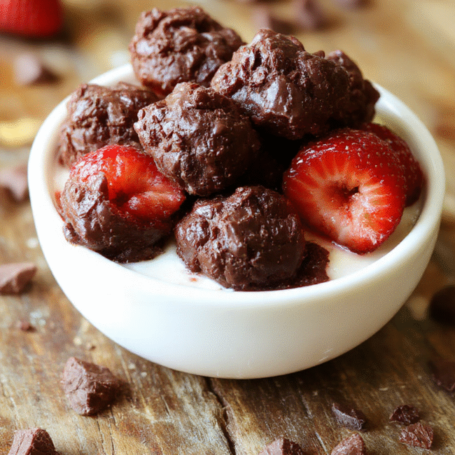 Colorful chocolate and strawberry yogurt clusters arranged on a clear glass plate, with a mix of shiny dark chocolate, vibrant red strawberries, and creamy white yogurt textures, styled simply with a wooden surface for a natural look.