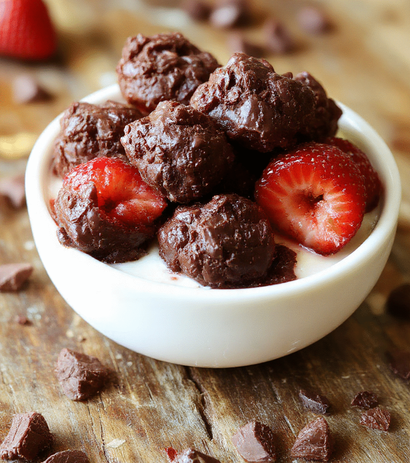 Colorful chocolate and strawberry yogurt clusters arranged on a clear glass plate, with a mix of shiny dark chocolate, vibrant red strawberries, and creamy white yogurt textures, styled simply with a wooden surface for a natural look.