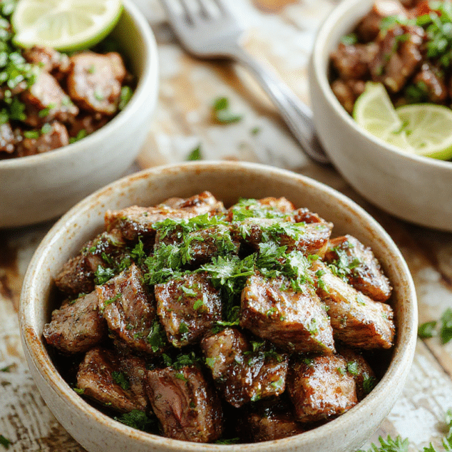 A vibrant plate of cilantro lime steak bowls featuring grilled steak slices, fresh chopped cilantro, lime wedges, colorful vegetables, and rice, all arranged attractively in a deep bowl with a bright, fresh, and appetizing appearance, styled with herbs and lime slices, on a rustic wooden table.