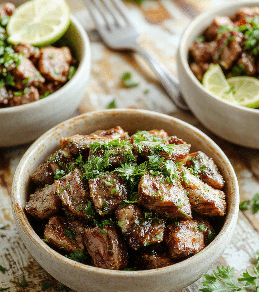A vibrant plate of cilantro lime steak bowls featuring grilled steak slices, fresh chopped cilantro, lime wedges, colorful vegetables, and rice, all arranged attractively in a deep bowl with a bright, fresh, and appetizing appearance, styled with herbs and lime slices, on a rustic wooden table.