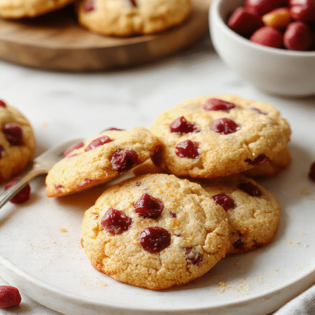 Colorful orange and deep red cranberries adorn golden-brown cookies with a slightly cracked surface, topped with a light dusting of powdered sugar. The cookies are arranged on a rustic white plate, with a hint of orange zest and scattered cranberries nearby, styled with a cozy holiday backdrop featuring a plaid cloth and pine branches, evoking a festive and inviting atmosphere.