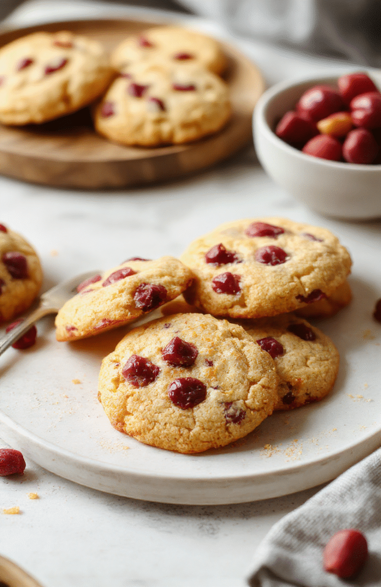 Colorful orange and deep red cranberries adorn golden-brown cookies with a slightly cracked surface, topped with a light dusting of powdered sugar. The cookies are arranged on a rustic white plate, with a hint of orange zest and scattered cranberries nearby, styled with a cozy holiday backdrop featuring a plaid cloth and pine branches, evoking a festive and inviting atmosphere.