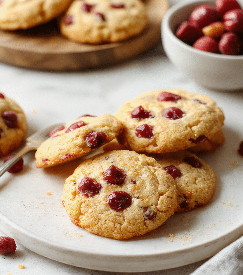 Colorful orange and deep red cranberries adorn golden-brown cookies with a slightly cracked surface, topped with a light dusting of powdered sugar. The cookies are arranged on a rustic white plate, with a hint of orange zest and scattered cranberries nearby, styled with a cozy holiday backdrop featuring a plaid cloth and pine branches, evoking a festive and inviting atmosphere.