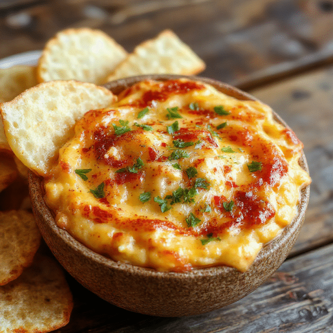 A vibrant, golden-yellow crack corn dip topped with melted cheese and crispy bits of bacon in a rustic bowl, surrounded by colorful chips and celery sticks on a wooden table, with a slightly blurred background to highlight the creamy and crunchy textures.