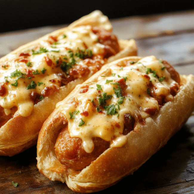 A vibrant dish featuring grilled hot dogs nestled inside crispy golden melted cheese toasts, garnished with fresh herbs on a rustic wooden platter, with a hint of melted cheese oozing from the sides, styled simply with natural daylight and soft shadows.