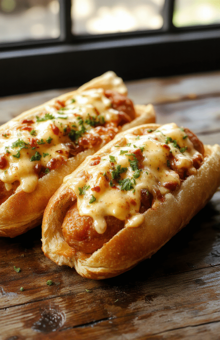 A vibrant dish featuring grilled hot dogs nestled inside crispy golden melted cheese toasts, garnished with fresh herbs on a rustic wooden platter, with a hint of melted cheese oozing from the sides, styled simply with natural daylight and soft shadows.
