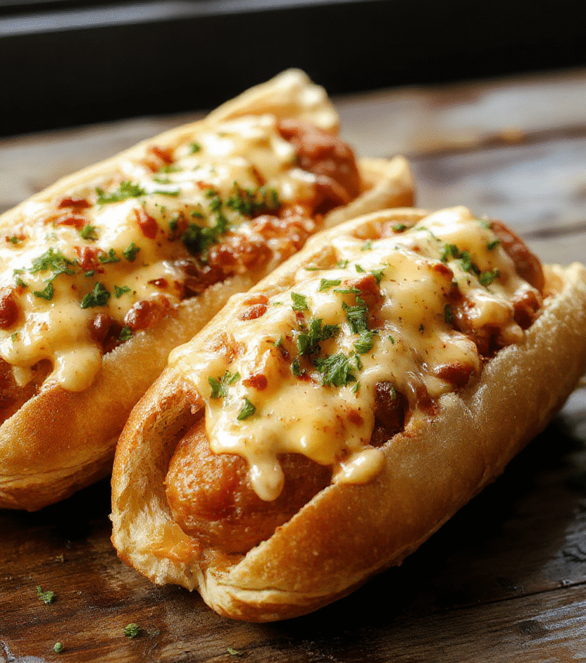 A vibrant dish featuring grilled hot dogs nestled inside crispy golden melted cheese toasts, garnished with fresh herbs on a rustic wooden platter, with a hint of melted cheese oozing from the sides, styled simply with natural daylight and soft shadows.