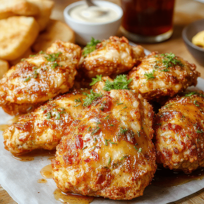 A close-up of crunchy baked chicken pieces glazed in shiny sweet and spicy hot honey, arranged on a rustic plate with a drizzle of glaze, garnished with sesame seeds and chopped green onions, set against a neutral wooden background with a soft focus on textures and vibrant colors.