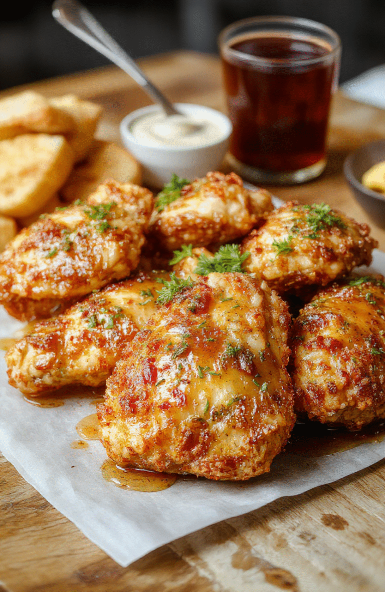 A close-up of crunchy baked chicken pieces glazed in shiny sweet and spicy hot honey, arranged on a rustic plate with a drizzle of glaze, garnished with sesame seeds and chopped green onions, set against a neutral wooden background with a soft focus on textures and vibrant colors.