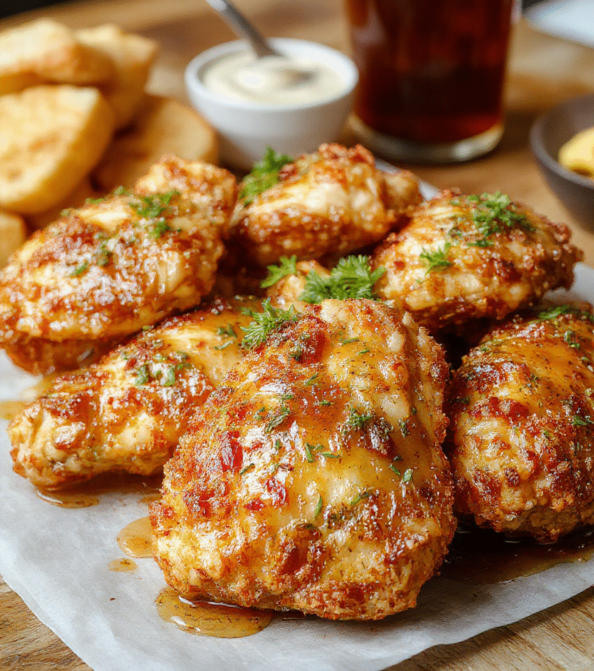 A close-up of crunchy baked chicken pieces glazed in shiny sweet and spicy hot honey, arranged on a rustic plate with a drizzle of glaze, garnished with sesame seeds and chopped green onions, set against a neutral wooden background with a soft focus on textures and vibrant colors.