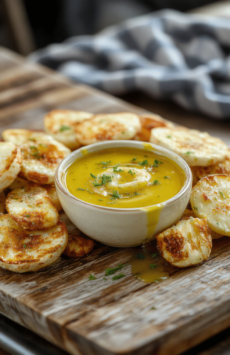 A close-up of a small white bowl filled with vibrant golden garlic-infused olive oil, garnished with fresh chopped herbs, placed on a rustic wooden table. The dip has a glossy, slightly chunky texture, with aromatic garlic and herbs visible. Surrounding the bowl are slices of crusty bread and garlic cloves, creating an inviting, warm, and rustic presentation.