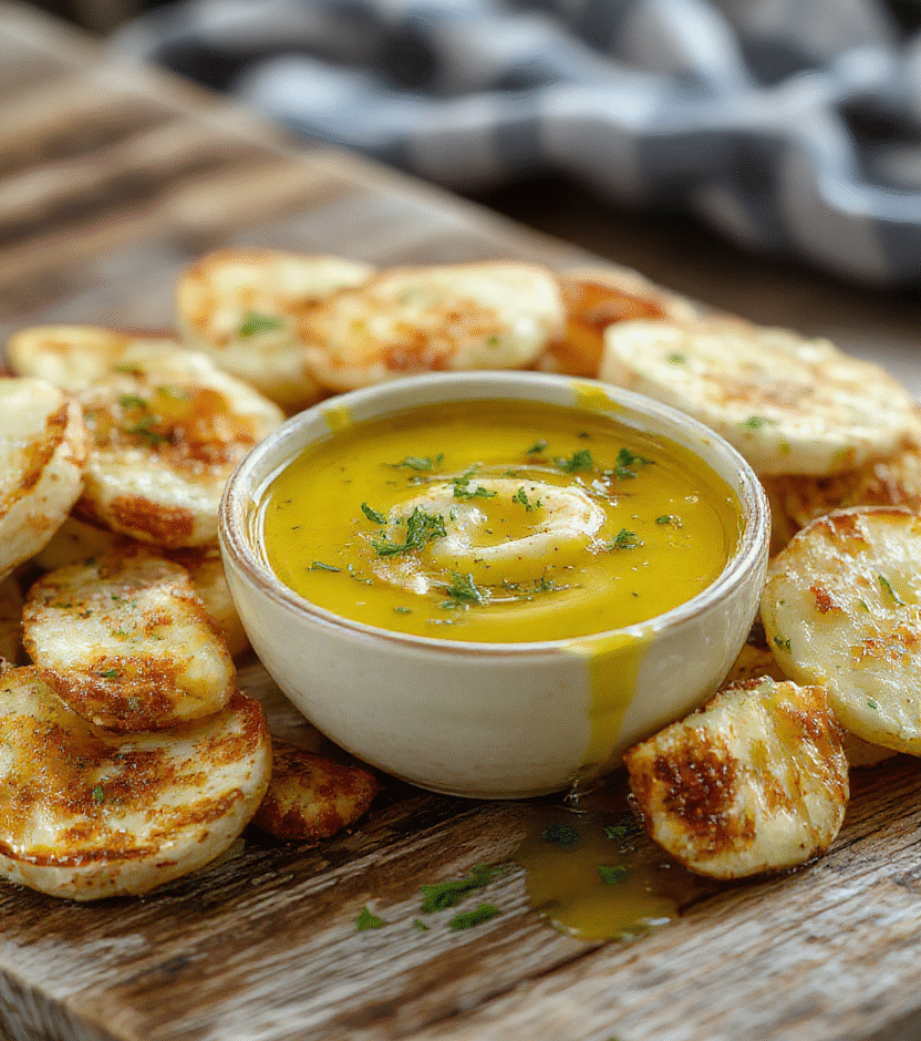A close-up of a small white bowl filled with vibrant golden garlic-infused olive oil, garnished with fresh chopped herbs, placed on a rustic wooden table. The dip has a glossy, slightly chunky texture, with aromatic garlic and herbs visible. Surrounding the bowl are slices of crusty bread and garlic cloves, creating an inviting, warm, and rustic presentation.