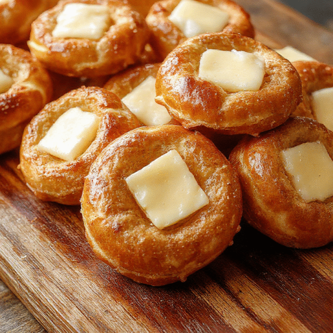 A close-up of golden-brown buttery soft pretzel bites arranged on a rustic wooden board, lightly sprinkled with coarse salt, showing their soft, chewy interior and shiny, baked exterior.