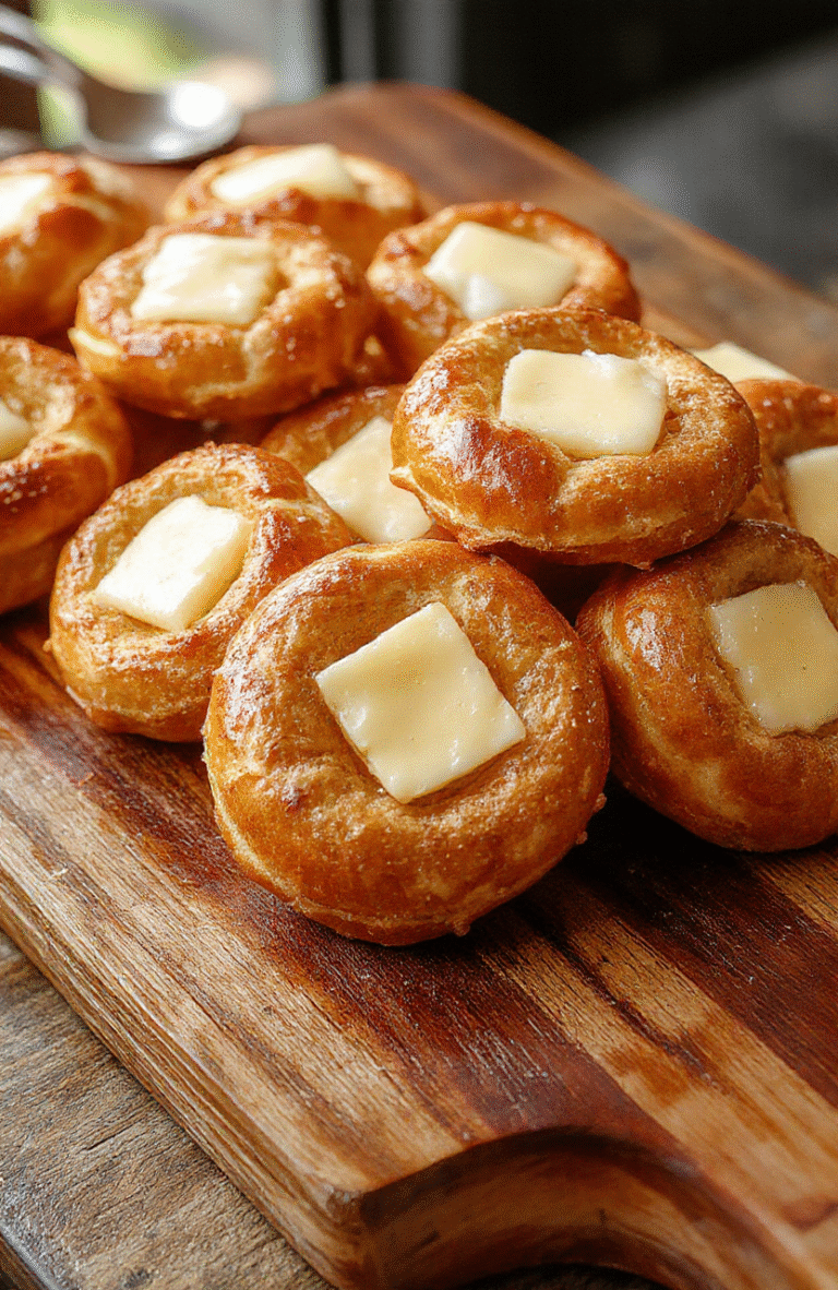 A close-up of golden-brown buttery soft pretzel bites arranged on a rustic wooden board, lightly sprinkled with coarse salt, showing their soft, chewy interior and shiny, baked exterior.