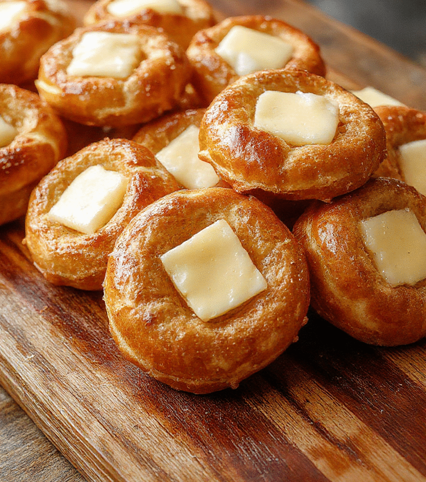 A close-up of golden-brown buttery soft pretzel bites arranged on a rustic wooden board, lightly sprinkled with coarse salt, showing their soft, chewy interior and shiny, baked exterior.