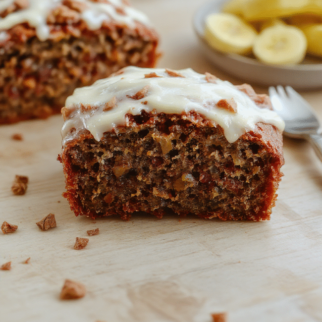 A moist, golden-brown carrot cake banana bread slice topped with cream cheese glaze, featuring shredded carrots and banana chunks, served on a rustic wooden plate with a hint of cinnamon and nuts, vibrant orange carrot shreds contrast with the white glaze, styled simply with a fork and a sprig of fresh herbs, inviting and appealing.