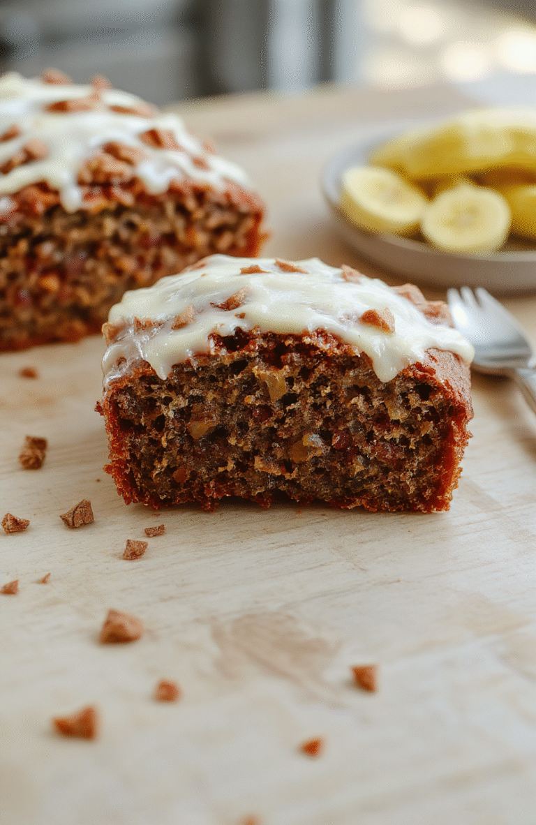 A moist, golden-brown carrot cake banana bread slice topped with cream cheese glaze, featuring shredded carrots and banana chunks, served on a rustic wooden plate with a hint of cinnamon and nuts, vibrant orange carrot shreds contrast with the white glaze, styled simply with a fork and a sprig of fresh herbs, inviting and appealing.