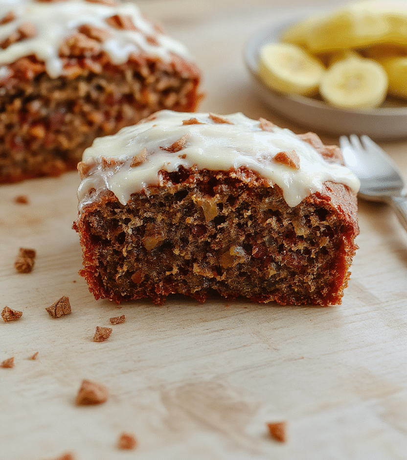 A moist, golden-brown carrot cake banana bread slice topped with cream cheese glaze, featuring shredded carrots and banana chunks, served on a rustic wooden plate with a hint of cinnamon and nuts, vibrant orange carrot shreds contrast with the white glaze, styled simply with a fork and a sprig of fresh herbs, inviting and appealing.