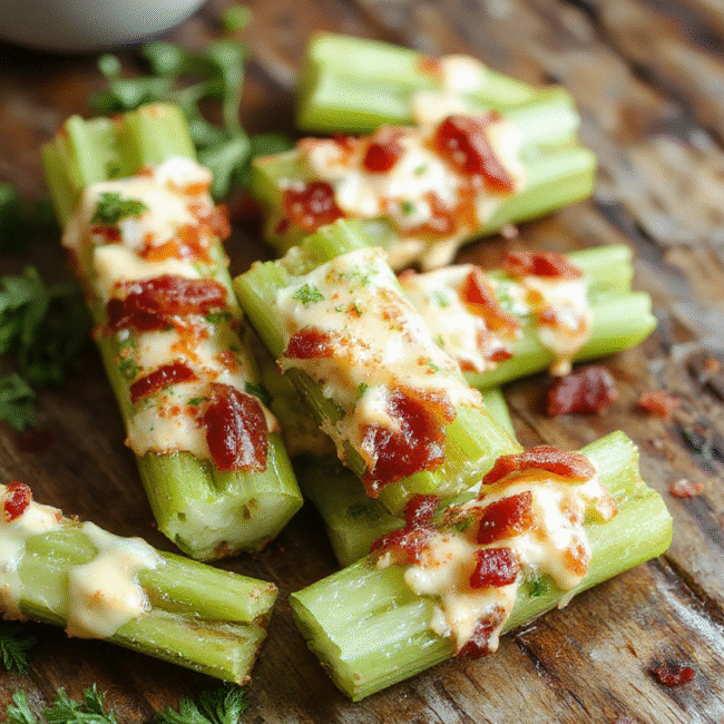 A close-up of vibrant green celery sticks generously filled with a creamy cheddar bacon ranch mixture. The stuffed celery is arranged on a rustic wooden platter, with visible bits of crispy bacon and melted cheddar cheese, garnished with fresh herbs. The textures look crispy, cheesy, and savory, with a glossy ranch coating, perfect for an inviting appetizer.