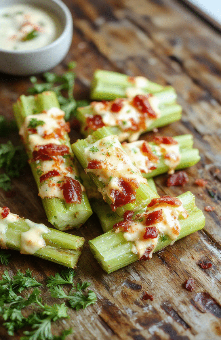 A close-up of vibrant green celery sticks generously filled with a creamy cheddar bacon ranch mixture. The stuffed celery is arranged on a rustic wooden platter, with visible bits of crispy bacon and melted cheddar cheese, garnished with fresh herbs. The textures look crispy, cheesy, and savory, with a glossy ranch coating, perfect for an inviting appetizer.