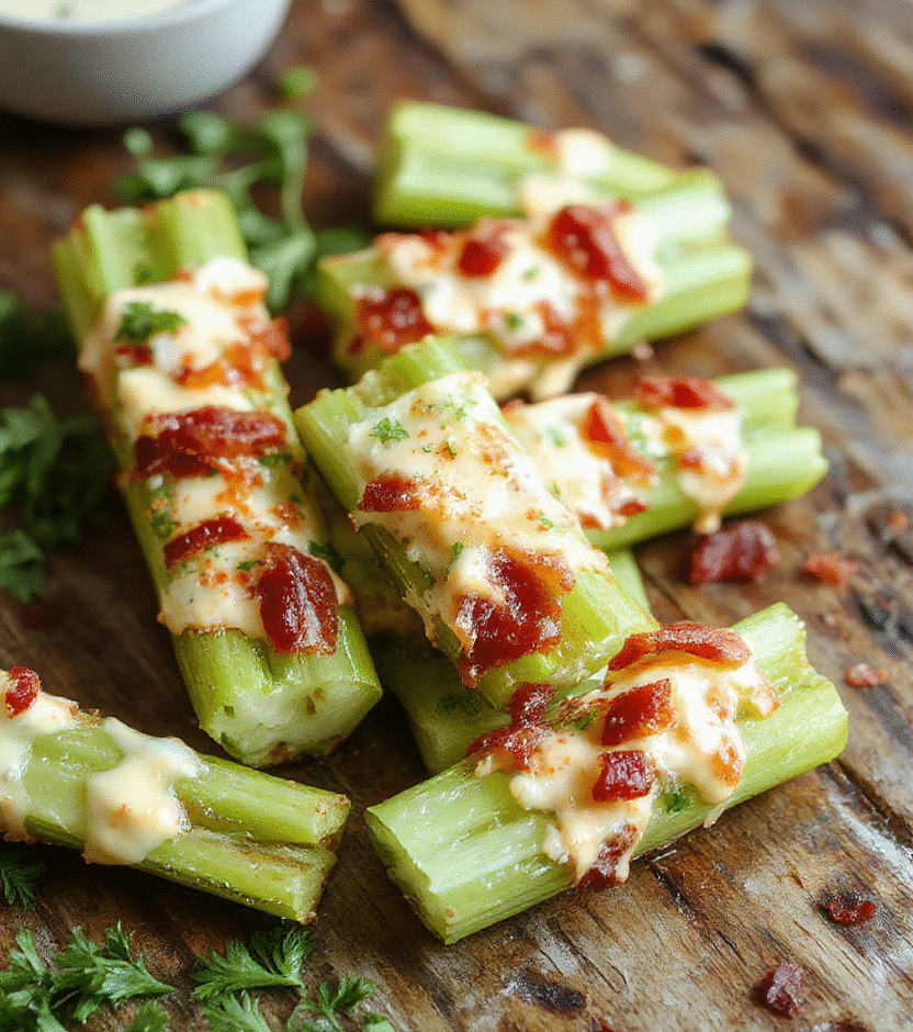A close-up of vibrant green celery sticks generously filled with a creamy cheddar bacon ranch mixture. The stuffed celery is arranged on a rustic wooden platter, with visible bits of crispy bacon and melted cheddar cheese, garnished with fresh herbs. The textures look crispy, cheesy, and savory, with a glossy ranch coating, perfect for an inviting appetizer.