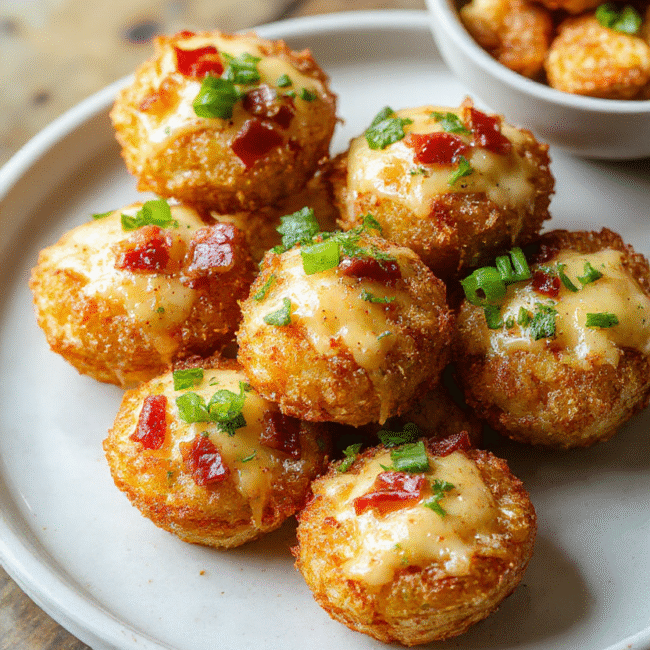 Golden crispy tater tot cups filled with melted cheese, crispy bacon bits, and garnished with chopped green onions, arranged on a rustic white plate with a few tater tots spilled nearby, vibrant colors, inviting and appetizing texture.