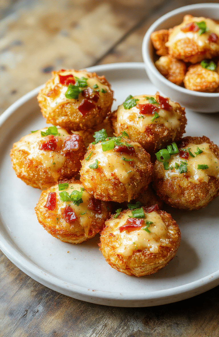 Golden crispy tater tot cups filled with melted cheese, crispy bacon bits, and garnished with chopped green onions, arranged on a rustic white plate with a few tater tots spilled nearby, vibrant colors, inviting and appetizing texture.