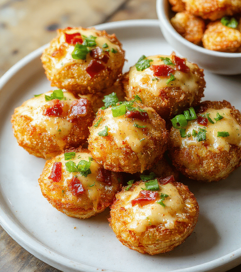 Golden crispy tater tot cups filled with melted cheese, crispy bacon bits, and garnished with chopped green onions, arranged on a rustic white plate with a few tater tots spilled nearby, vibrant colors, inviting and appetizing texture.
