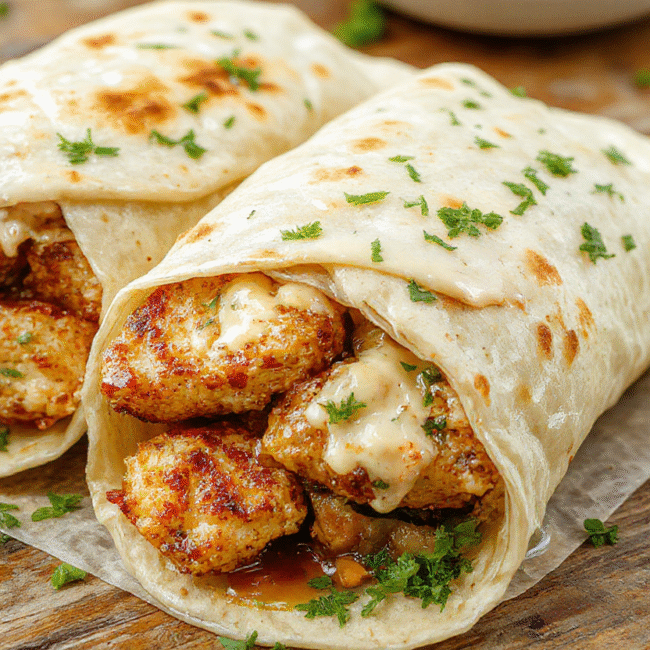 A vibrant plate of cheesy garlic chicken wraps stacked neatly, showcasing golden-brown crispy exterior, melted cheese oozing out, topped with fresh parsley, served on a rustic wooden table with colorful vegetables in the background.