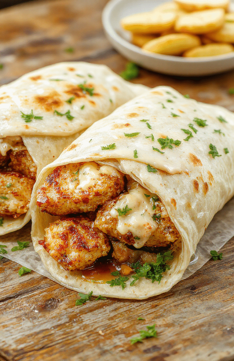 A vibrant plate of cheesy garlic chicken wraps stacked neatly, showcasing golden-brown crispy exterior, melted cheese oozing out, topped with fresh parsley, served on a rustic wooden table with colorful vegetables in the background.