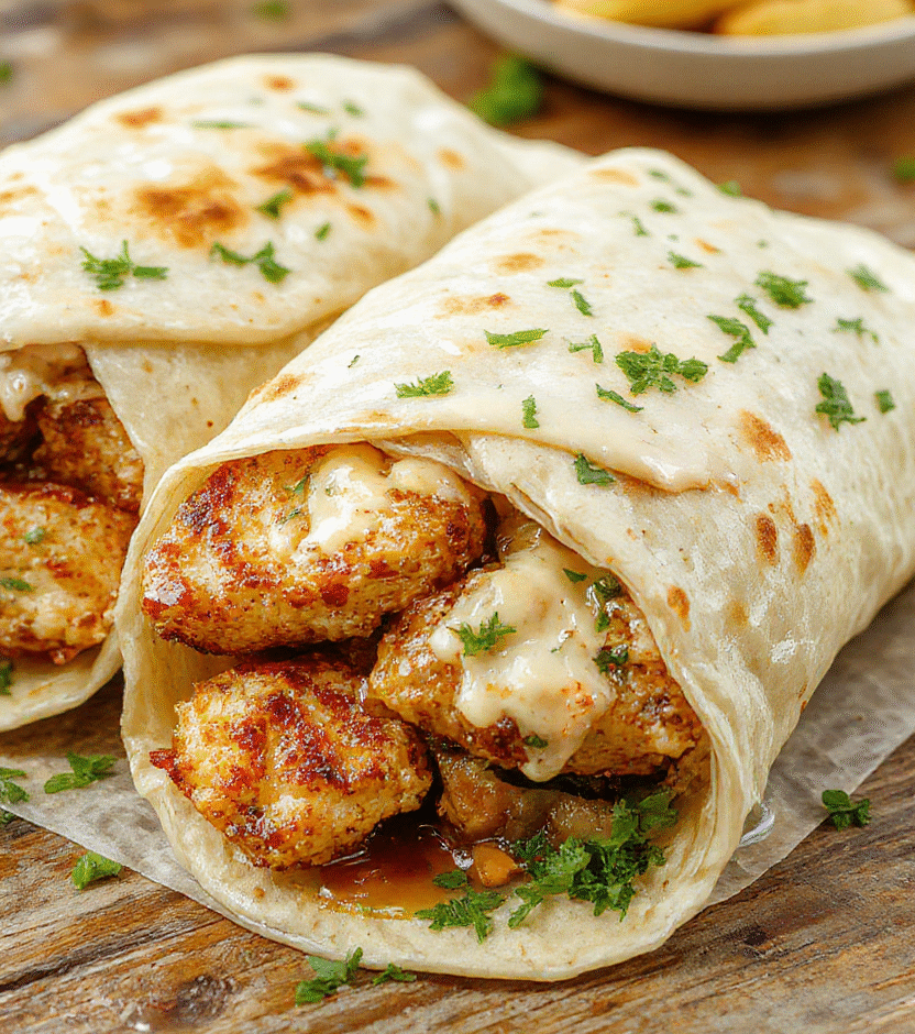 A vibrant plate of cheesy garlic chicken wraps stacked neatly, showcasing golden-brown crispy exterior, melted cheese oozing out, topped with fresh parsley, served on a rustic wooden table with colorful vegetables in the background.