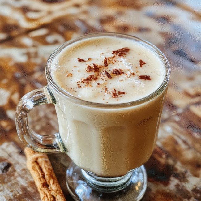 A steaming vanilla cinnamon latte in a clear glass mug with a cinnamon stick garnish, topped with frothy milk and a sprinkle of cinnamon, set on a cozy wooden table with soft natural lighting, fuzzy blanket in the background for a warm, inviting vibe.