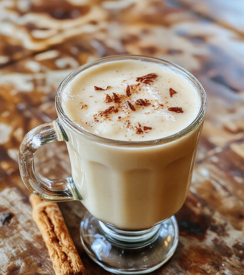 A steaming vanilla cinnamon latte in a clear glass mug with a cinnamon stick garnish, topped with frothy milk and a sprinkle of cinnamon, set on a cozy wooden table with soft natural lighting, fuzzy blanket in the background for a warm, inviting vibe.