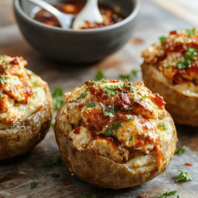 A close-up of a baked potato split open, generously filled with creamy crack chicken, melted cheese, and chopped green onions. The potato skin is crispy and golden, contrasting with the gooey filling. The dish is plated on a rustic wooden surface, with a sprinkle of herbs and a side of fresh vegetables, styled casually to evoke a cozy, home-cooked meal.