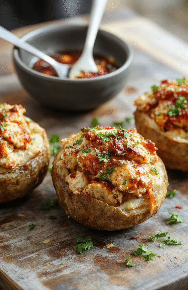 A close-up of a baked potato split open, generously filled with creamy crack chicken, melted cheese, and chopped green onions. The potato skin is crispy and golden, contrasting with the gooey filling. The dish is plated on a rustic wooden surface, with a sprinkle of herbs and a side of fresh vegetables, styled casually to evoke a cozy, home-cooked meal.