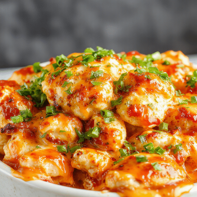 A vibrant cauliflower casserole topped with golden melted cheese, chunks of shredded buffalo chicken, drizzled with ranch dressing, garnished with chopped green onions, served in a rustic white dish against a neutral background, with crispy edges and creamy textures highlighted.