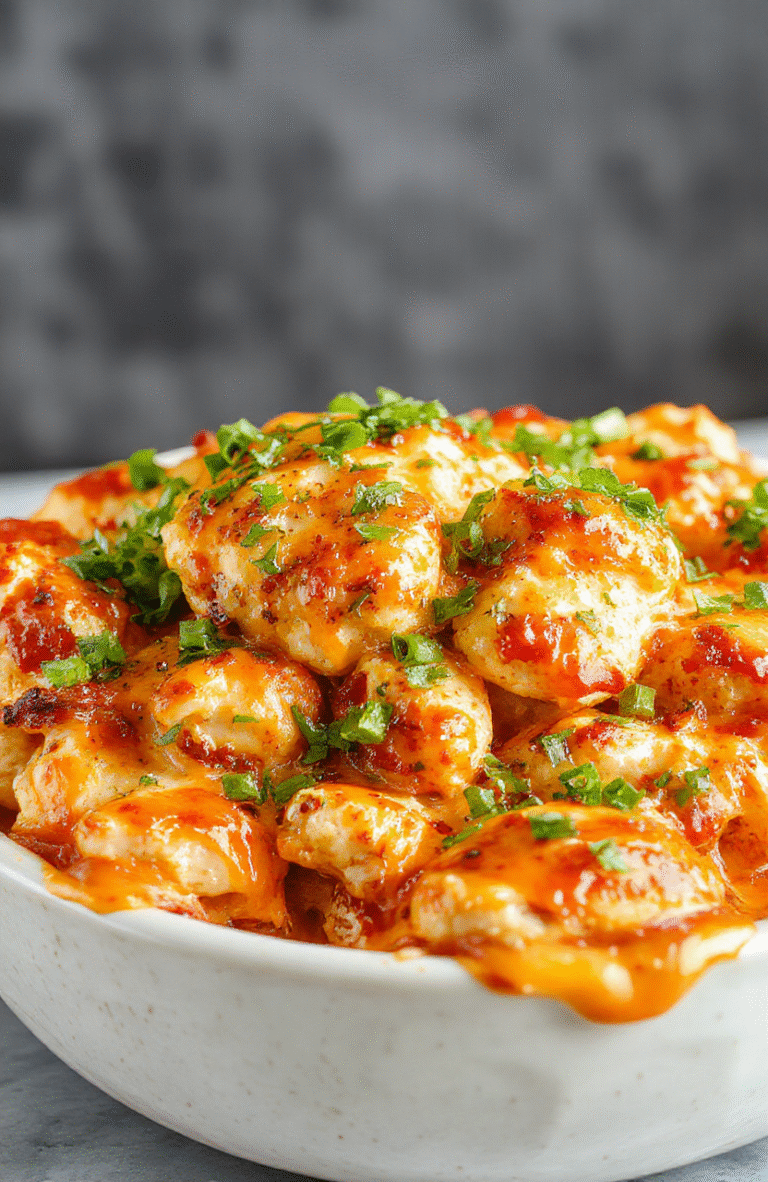 A vibrant cauliflower casserole topped with golden melted cheese, chunks of shredded buffalo chicken, drizzled with ranch dressing, garnished with chopped green onions, served in a rustic white dish against a neutral background, with crispy edges and creamy textures highlighted.