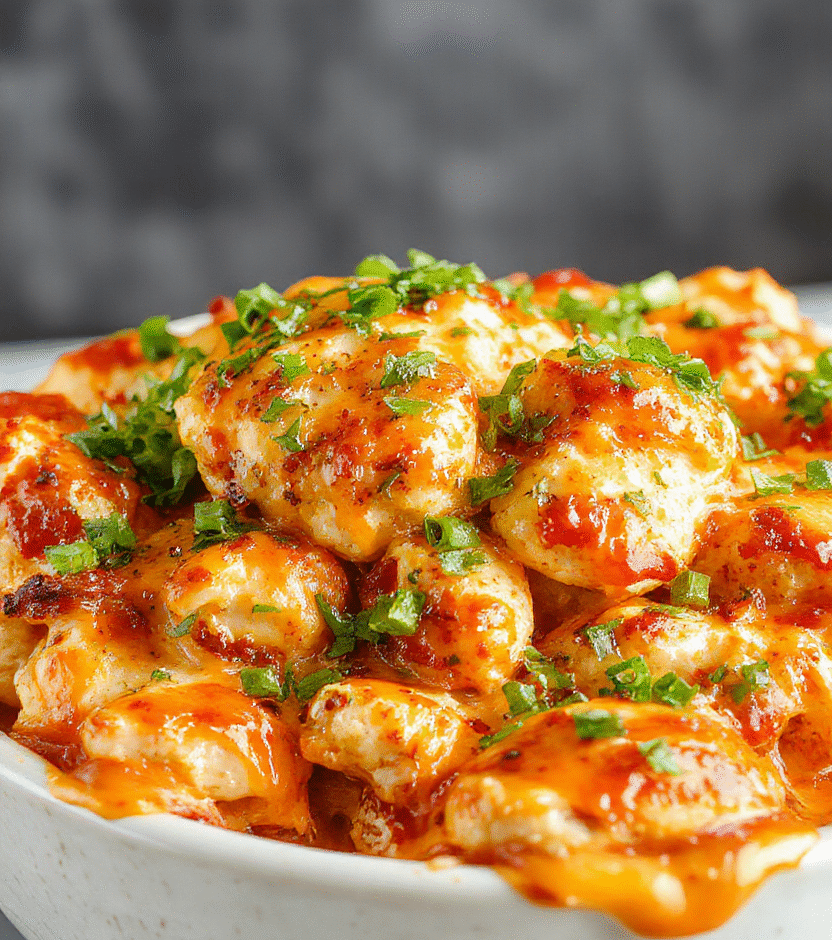 A vibrant cauliflower casserole topped with golden melted cheese, chunks of shredded buffalo chicken, drizzled with ranch dressing, garnished with chopped green onions, served in a rustic white dish against a neutral background, with crispy edges and creamy textures highlighted.