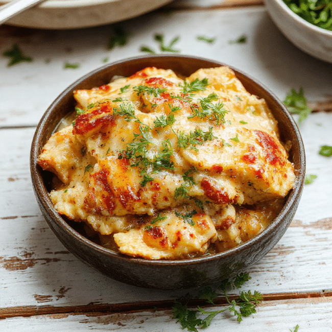 A creamy chicken casserole in a rustic baking dish with melted cheese, garnished with chopped herbs. The dish features tender chicken pieces in a smooth, cheesy sauce, topped with a sprinkle of herbs. The background shows a cozy kitchen setting with natural light highlighting the creamy textures and vibrant colors of the meal.