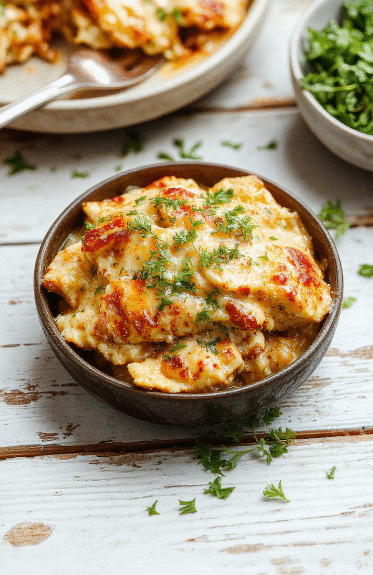 A creamy chicken casserole in a rustic baking dish with melted cheese, garnished with chopped herbs. The dish features tender chicken pieces in a smooth, cheesy sauce, topped with a sprinkle of herbs. The background shows a cozy kitchen setting with natural light highlighting the creamy textures and vibrant colors of the meal.